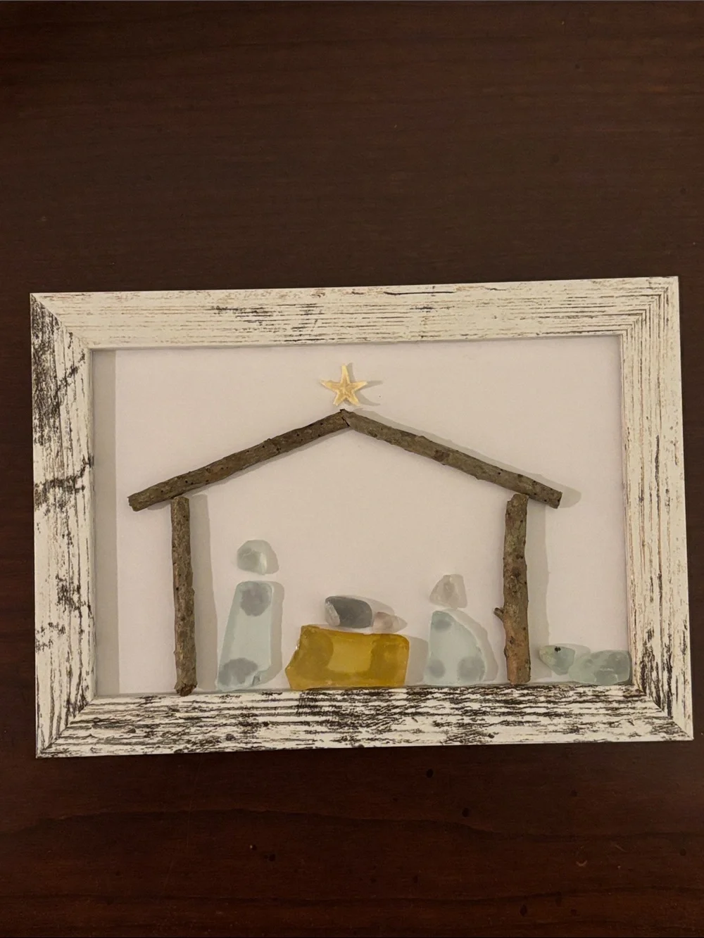 Handcrafted Sea Glass Nativity Scene Art – White Rustic Wood Frame